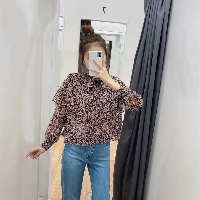 Vintage Printed Chiffon Blouse Women Top Woman Fashion High Neck Bow Tied Long Sleeve Layered Ruffle Casual Ladies 210519