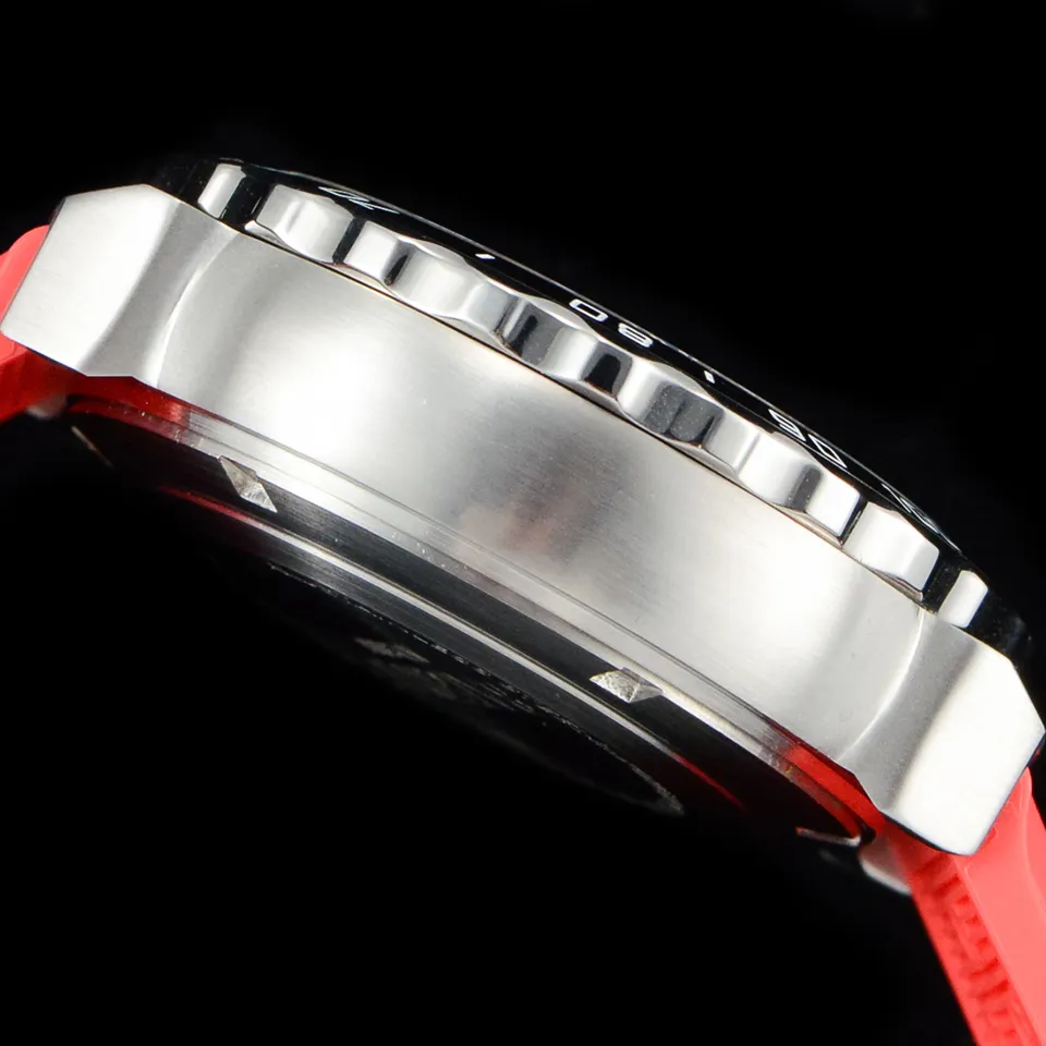 Montre de sport pour hommes Lunette en céramique Mouvement à quartz japonais Chronographe Cadran noir Montres-bracelets Boîtier en acier Bracelet en caoutchouc rouge hanbelson345z