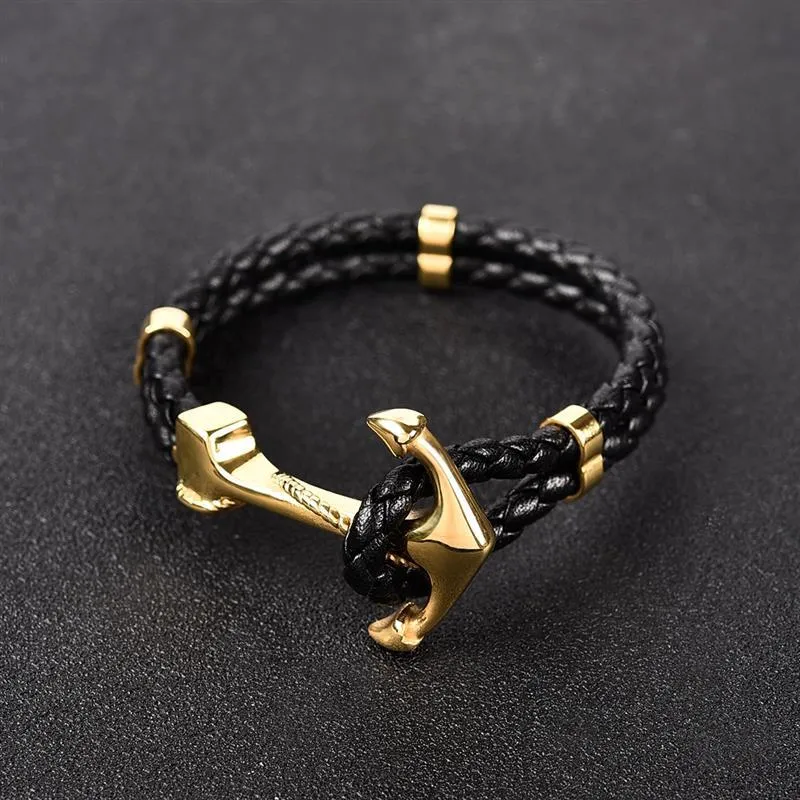 Bracelets de charme Jiayiqi Punk Gravé Dragon Argent Or Ancre Fermoir Noir Tresse Véritable Bracelet En Cuir Hommes Bijoux En Acier Inoxydable S205G