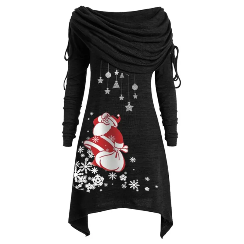 Lady Christmas Santa Claus Snowflake Print Irregular Long Sleeve Mid-length Tunic Vintage costume Winter Tops Big Size 210517