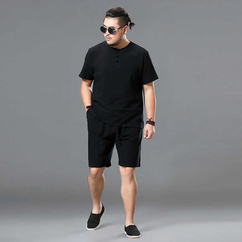 Men's Clothing Large Size Tracksuit 8XL 9XL Linen Short T-shirt Summer Suit Plus Size Clothing Track Suit 5XL Cotton Husband Set 210714