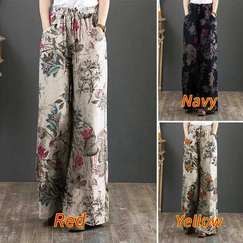 ZANZEA Bayan Elastik Bel Uzun Pantolon 2021 Vintage Baskılı Geniş Bacak Pantolon Sonbahar Pantalon Rahat Palazzo Artı Boyutu Şalgam 7x0629