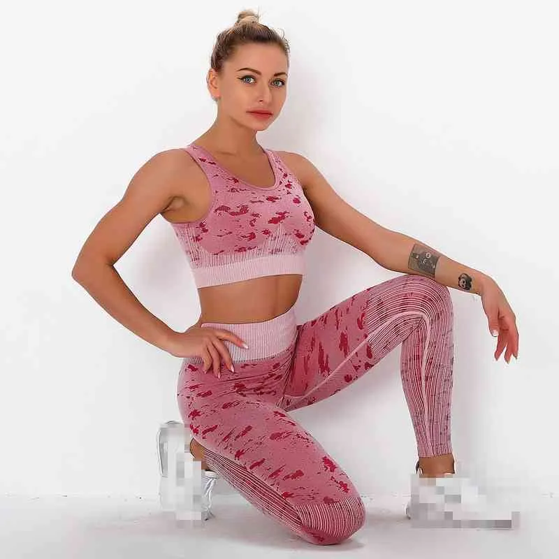 Vrouw sport pak fitness brassière camouflage yoga beha + kont tillen leggings elasticiteit running gym broek Ropa Deportiva 210514