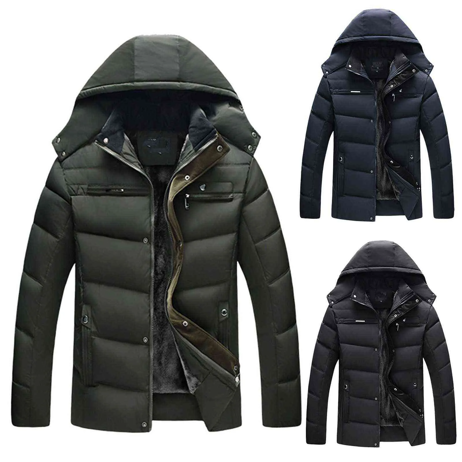 Männer Solide Plus Samt Zipper Mit Kapuze Tasche Unten Jacke Casual Winter Jacke Verdicken Warme Männer Zipper Mit Kapuze Mantel mit Tasche Y1103