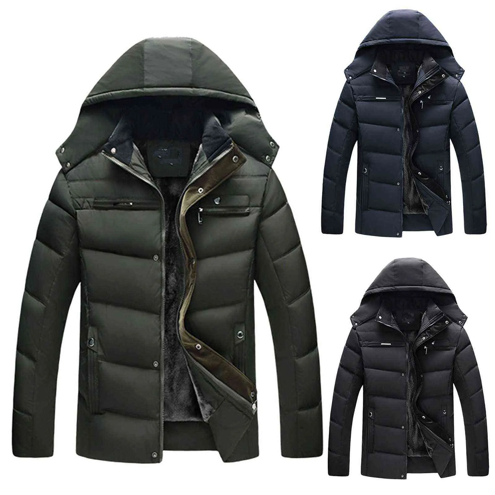 Men's Solid Plus Velvet Zipper Hooded Pocket Down Jacket Casual Winter Jacket Thicken Warm Men Zipper Hooded Coat With Pocket Y1103