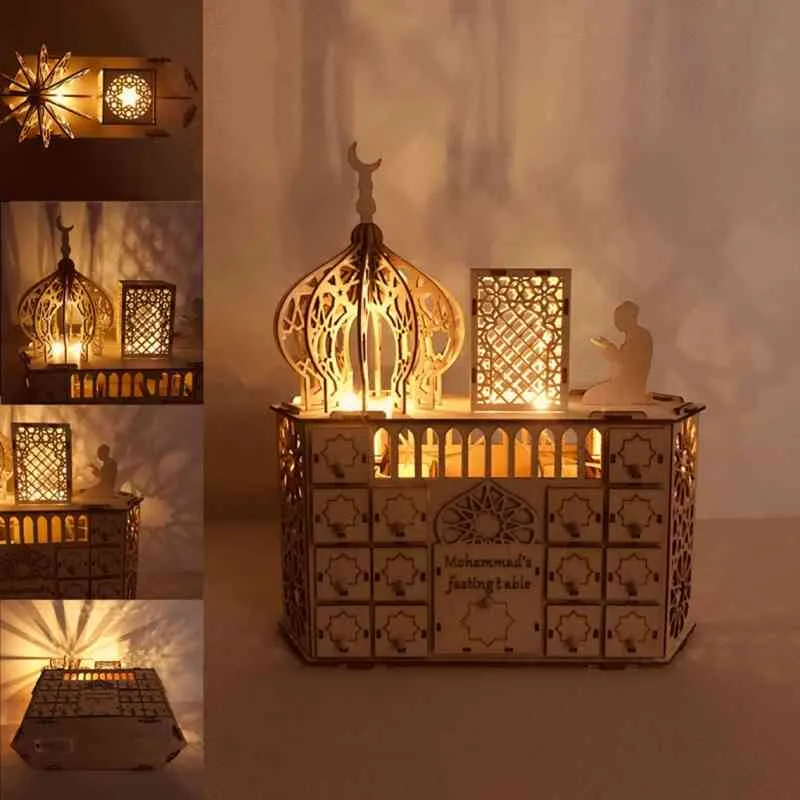 Legno Eid Mubarak Ramadan Calendario dell'Avvento LED Luce DIY Musulmano Islamico 30 Griglie Conto Alla Rovescia Decorazioni Cassetto 210408