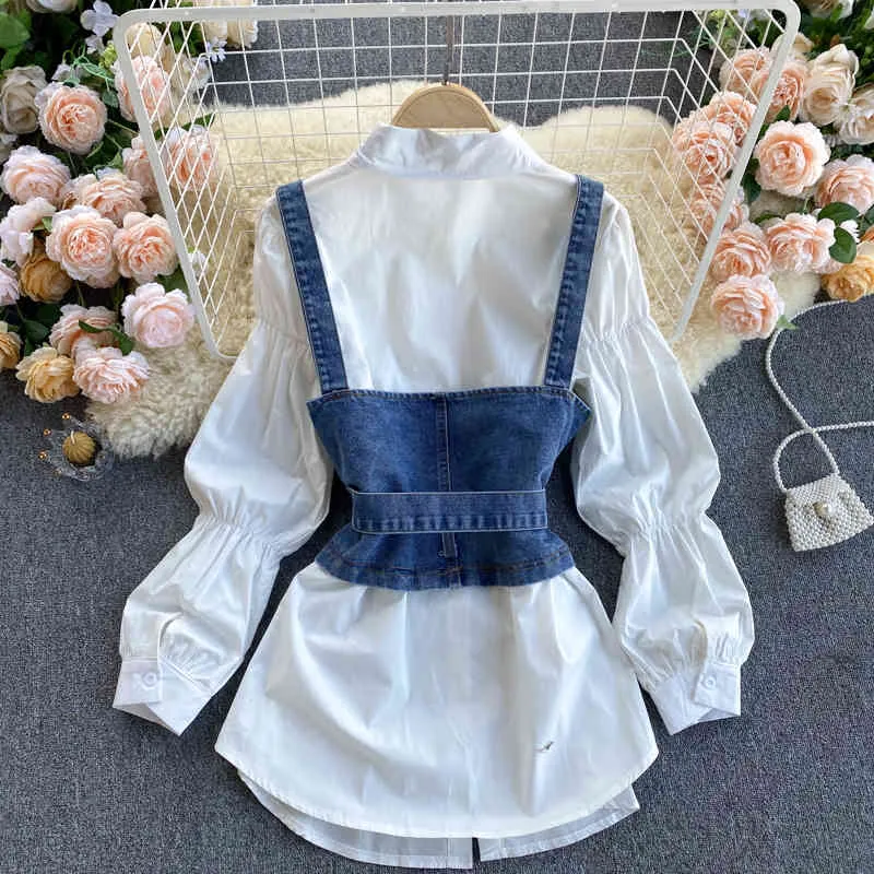 Nomikuma Causal 2pièces Femmes Ensembles Manches bouffantes Chemisier mi-long Chemise + Ceinture Taille Slim Jeans Sling Gilet Printemps Nouveau Costume 6E144 210427