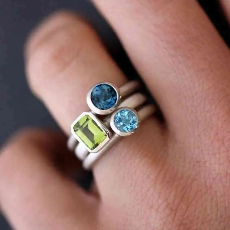 Boho Set Lüks Mavi Kristal Yüzükler Kadınlar Moda Sarı Altın Renk Düğün Mücevher Aksesuarları Hediyeler Söz Ring282p