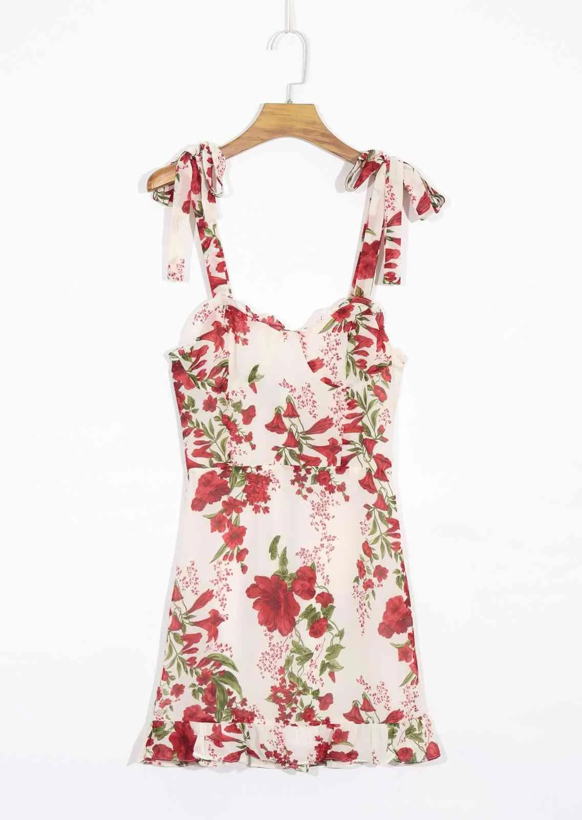 Vintage Yaz Çiçek Baskı Kravat Yay Spagetti Kayışı Kısa Elbise Retro Kadınlar Ahşap Kulak Ruffles Hem Dantelli Geri Sling Elbiseler 210429