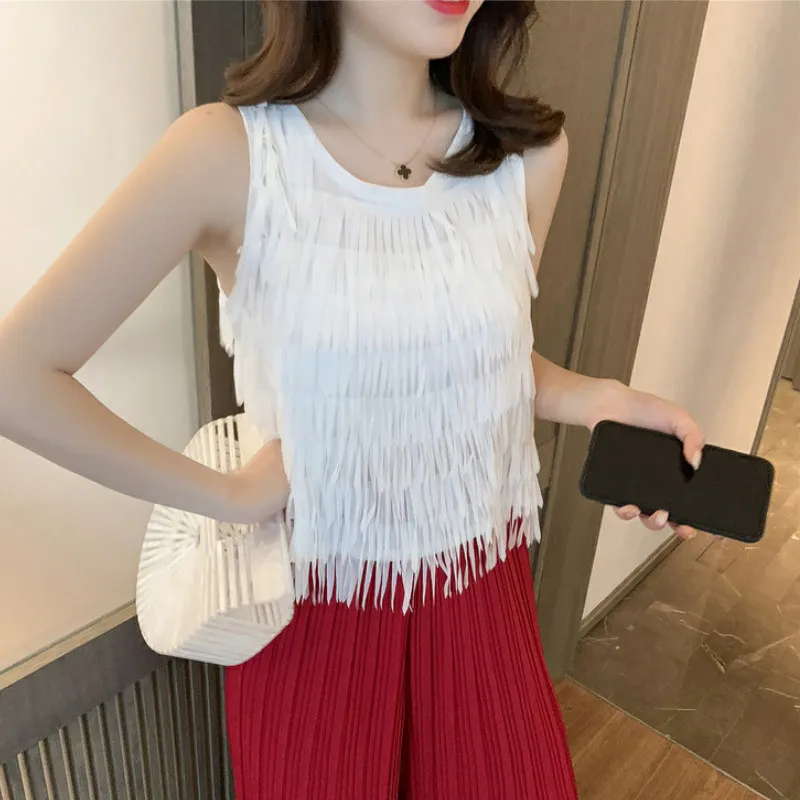 Summer Women Sets Casual Sleeveless Shirt Pullover Tops Tank + Female Chiffon Wide Leg Pants High Waist Trousers Two Piece 210423