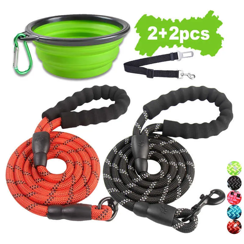 FML Pet Leash Set 2Pack 5FT Nylon Dog Leashes with Handle Reflective Lightweight Dog Training Car Seat Belt Portable Pet Bowl 211006