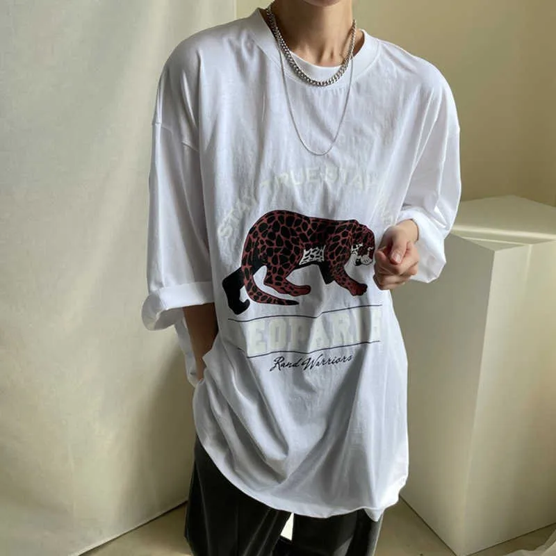 Korejpaaの女性Tシャツ夏の韓国のシックなすべてのラウンドネックヒョウレター印刷緩いカジュアル大版プルオーバー210526