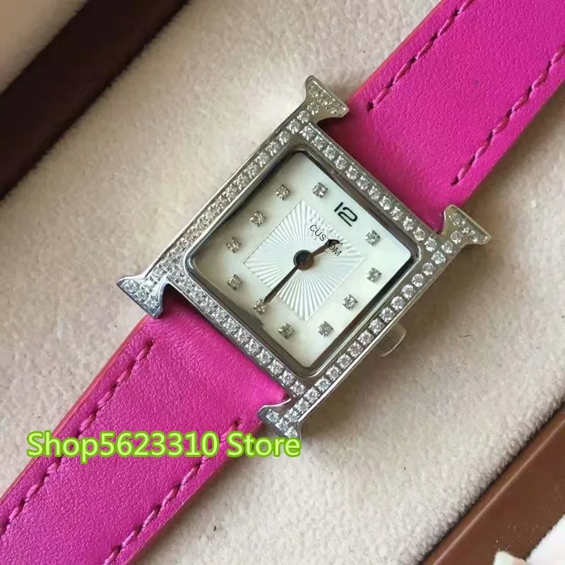 Fashion Famous Brand Design äkta läderklocka Square Dail Inlay Zircon Crystal CZ Watch Clock Women Kvinnlig midjebandsklockor