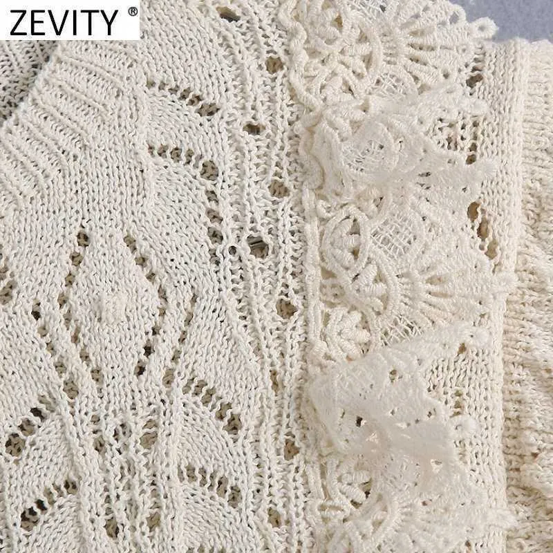 Zevity Women Sweet Lace Crochet Patchwork Hollow Out Kort Knitting Sweater Kvinna Chic O Neck Ruffles Slim Pullovers Tops SW711 210812