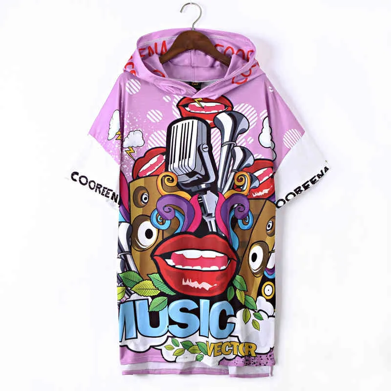 Printemps été femmes Hip-hop T-shirt robe lâche Graffiti à capuche grande taille vêtements GD293 210506