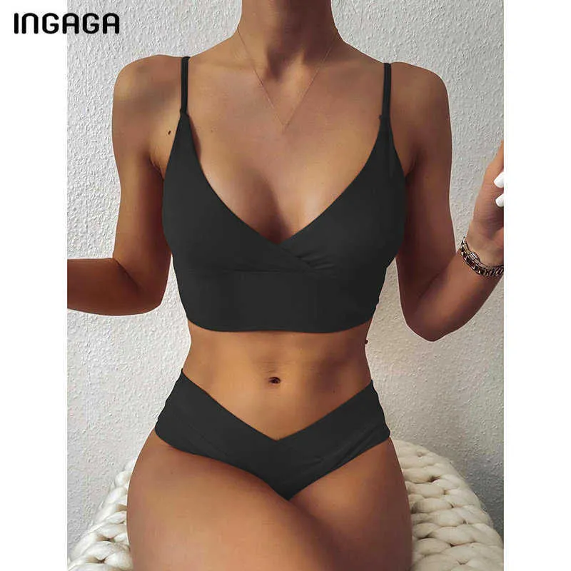 Ingaga hög midja bikinis badkläder kvinnor push up baddräkter solid ruched Biquini topp wrap baddräkter rem baddräkt 210621