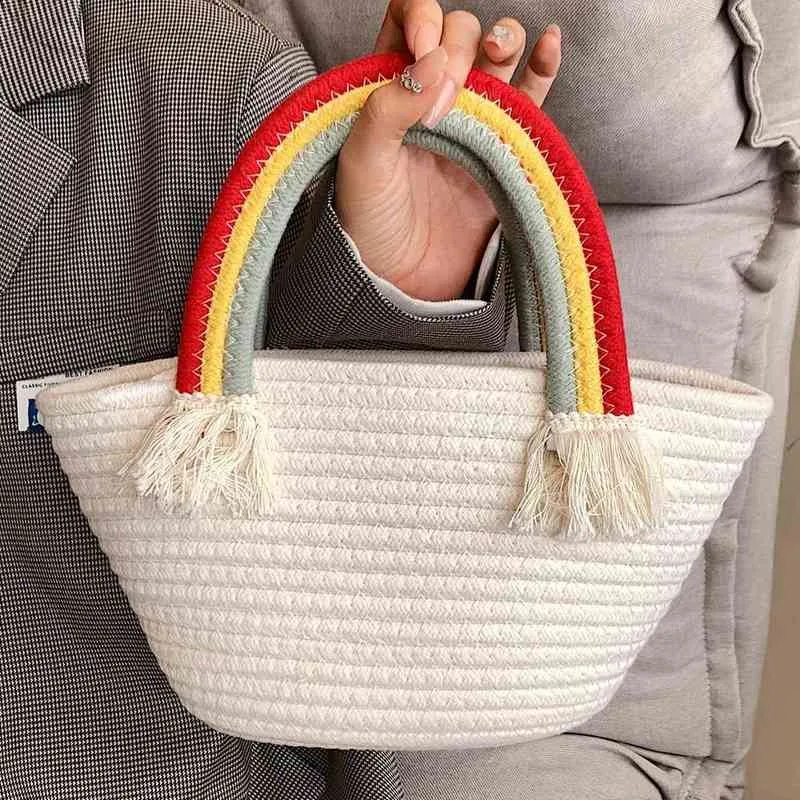 Einkaufstaschen Regenbogen Sommer Strand Stroh Tasche Frauen 2022 Trend Mode Gewebte Geldbörsen und Handtaschen Eimer Wicker Tote Designer Luxus marke 220310