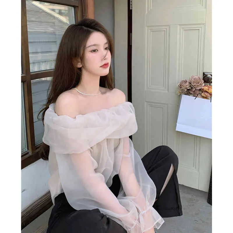 Korobov nya mode perspektiv mesh kvinnor blusar vintage elegant slash neck kvinnlig skjortor koreanska av axel sexig blusas 210430