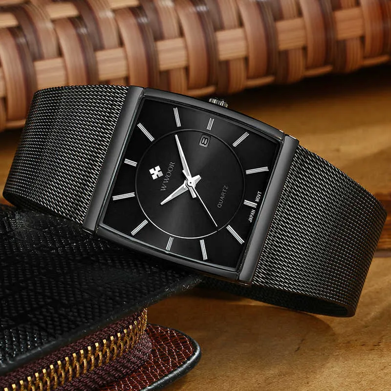 Wwoo Top marka luksusowe czarne kwadratowe zegarki dla mężczyzn Wodoodporne szczupłe datę na rękę męską stalową siatkę kwarc analogowy mężczyzna 2254B