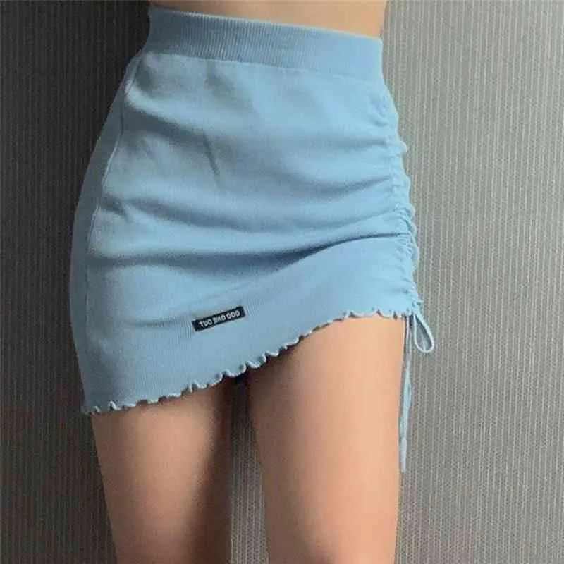 2021 Summer Sexy High Waist Dstring Mini Skirt Female Knitted Stretch Wrap Hip Skirt Khaki Y2k Clothes X0428