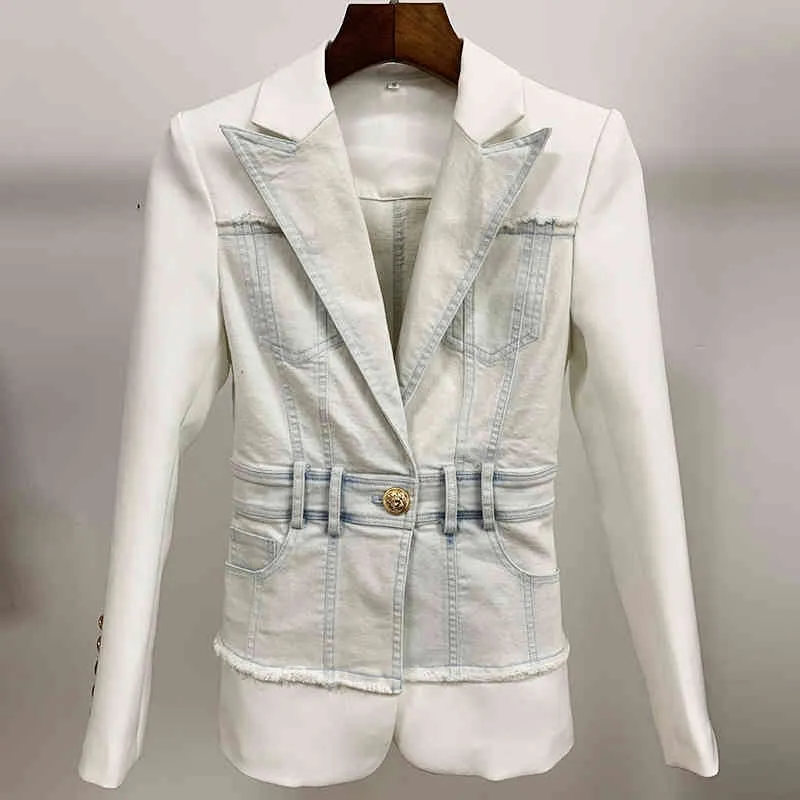 High Street nyaste stilfull designerjacka kvinnors smala montering lejonknapp denim lapptäcke blazer 210330