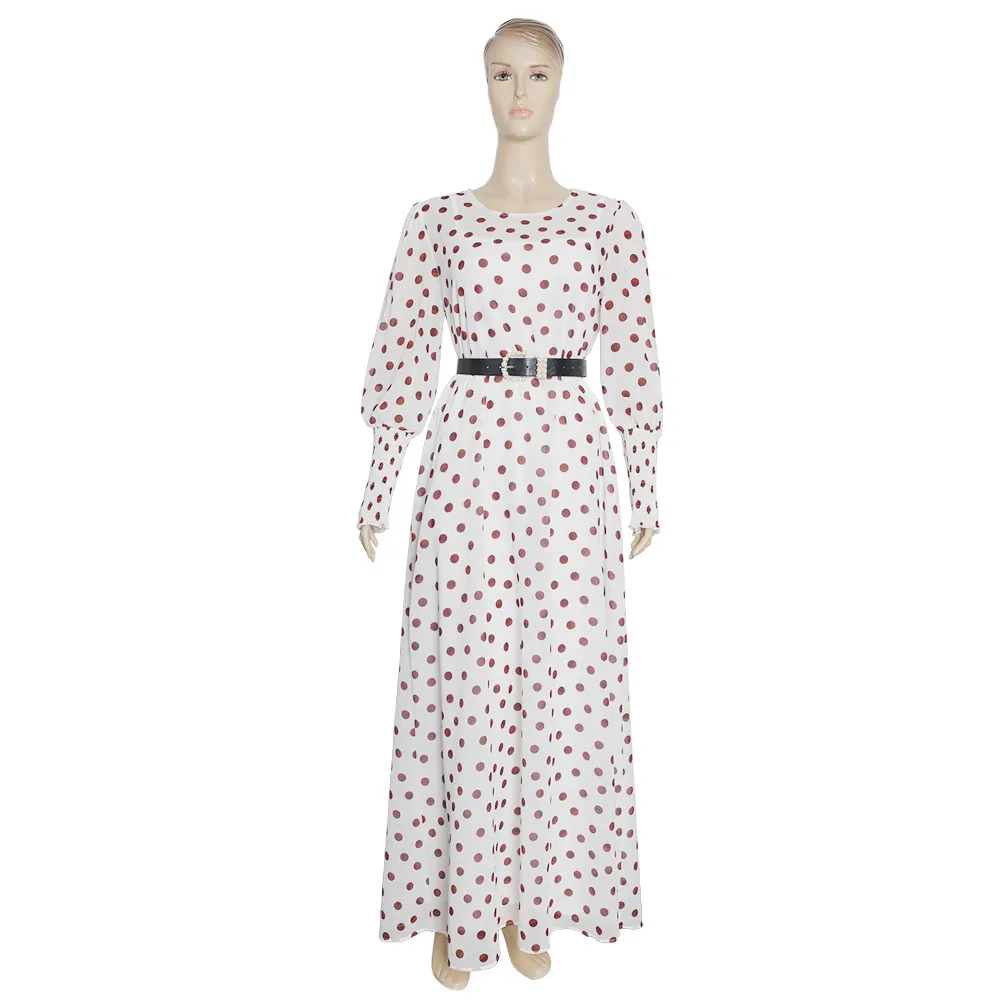 African Print Polka Dot Maxi Klänningar Kvinnor Långärmad Chiffon Klänning Underdress 2 stycken Set Nya muslimska mode kvällsklänningar 210422