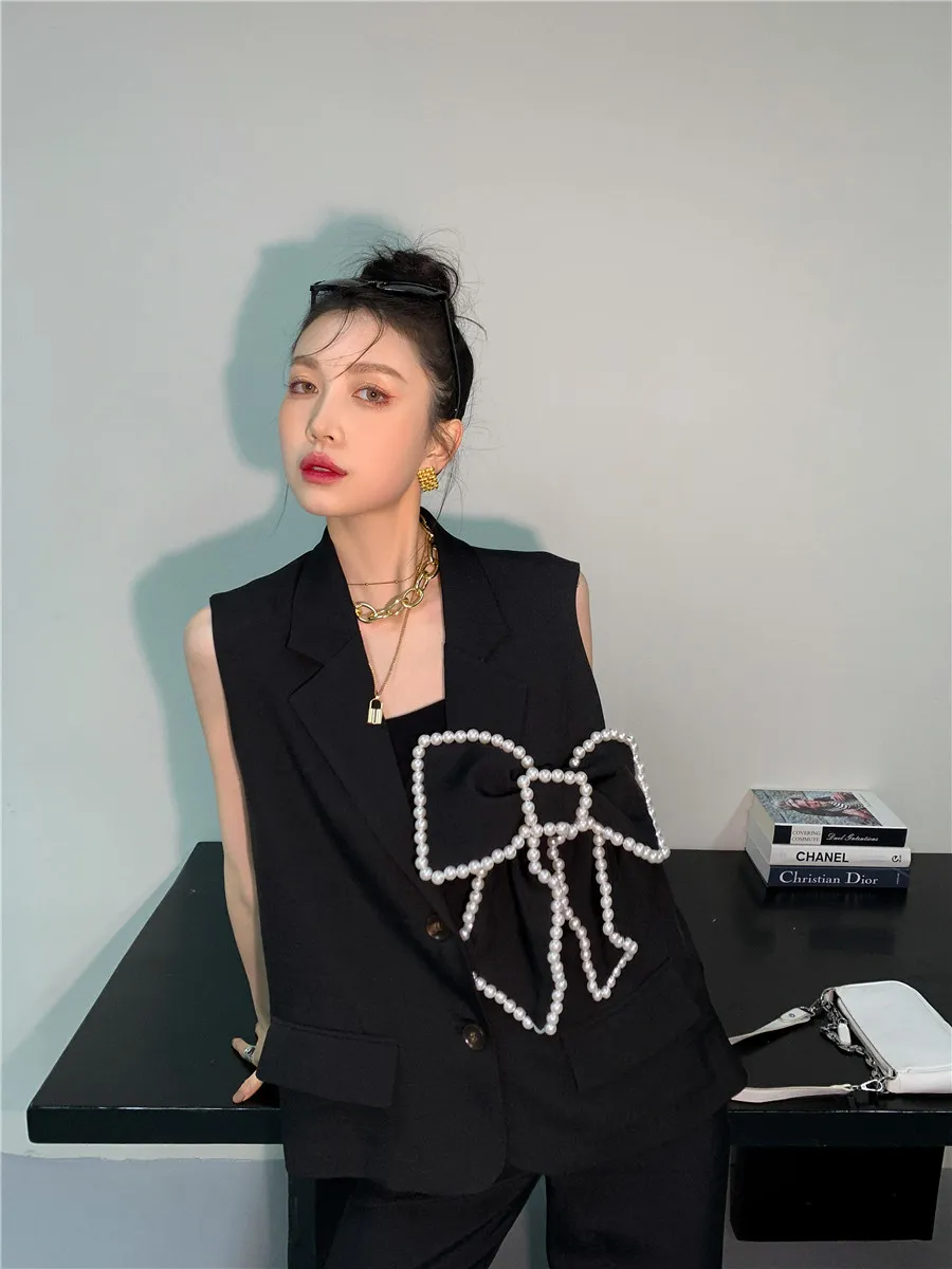 Jaquetas sem mangas de moda coreana para mulheres Black Pearl Bow Blazer Botão Up Waistcoat 210427