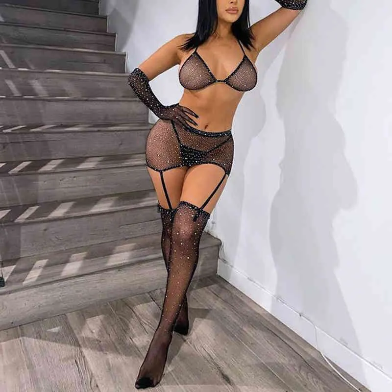 OMSJ Black Fishnet Sexy Sparkly Sets Women Glisten Mesh See-throught Chic Nightclub Clothing Performance Costume Suit 210517