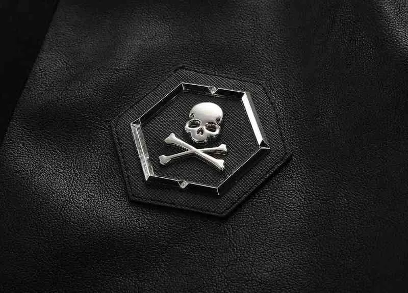 Skull s PU Giacche Uomo Nero High Street Stand-Neck Zipper Rib Sleeve Streetwear Moto Cappotti in ecopelle 211214