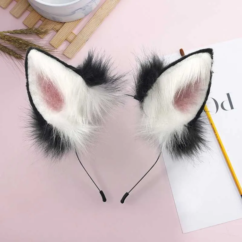 Main Réglable Furry Loup Oreilles Bandeau Simulation Moelleux En Peluche Animal Cheveux Cerceau Kawaii Anime Cosplay Casque X0722