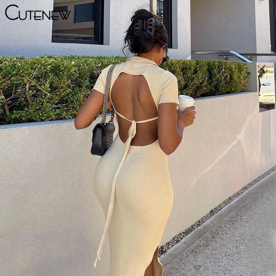 CuteeW Elegancki Dzianiny Krótki Rękaw Bodycon Maxi Sukienka Kobiety Suma Sexy Backless Bandaż Streetwear Solidna Stretch Lady Dresses Y1006