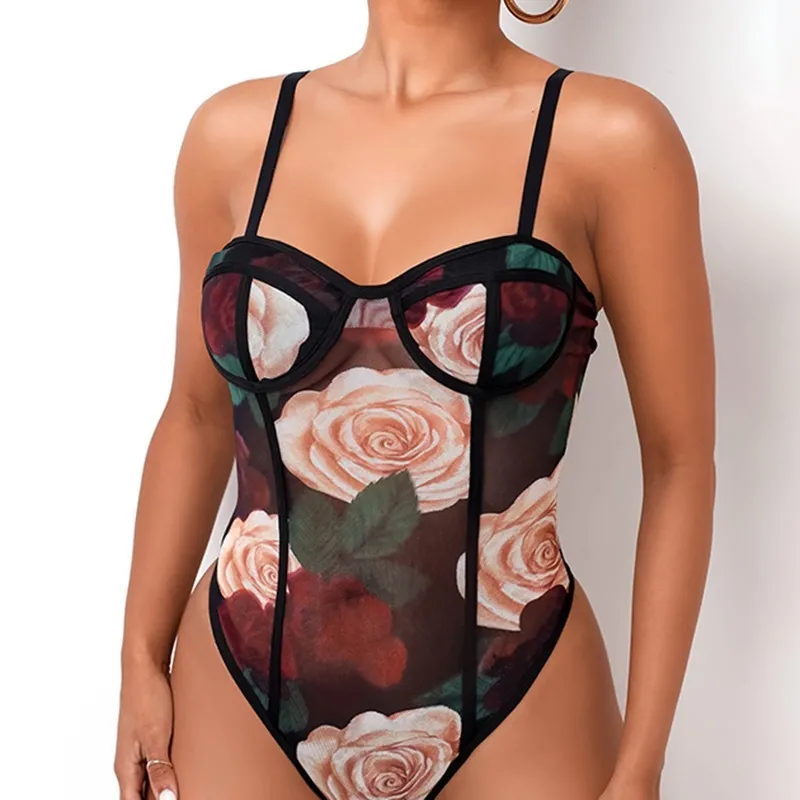 Zomer sexy grote bloem print mesh spaghetti riem bodysuit vrouw buis top korte jumpsuit slim fit rompertjes playsuits 210429