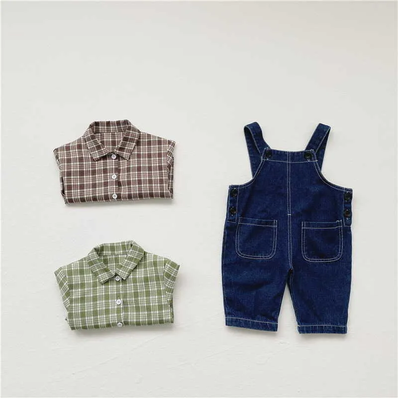 Sommar Baby Boys Girl 2-PCs Ställer Långärmad Plädskjorta + Jeans Overaller Kids Outfits E5053 210610
