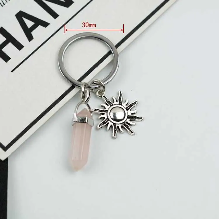 Sun Moon Key Ring Celestial Key Crescentキーホルダーのキーホルダーの魅力の付いた自然な石のパウダークリスタルビンテージバレンタインデーのギフトフレンドリーセットG696TL4