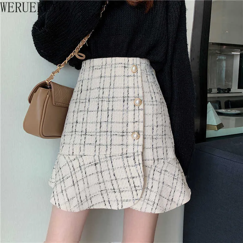 Werueruyu Girl Plaid High Taille Sirène Jupes Femmes Streetwear Coton Jupes courtes Chic Vintage Style Dames Bas Automne 210608