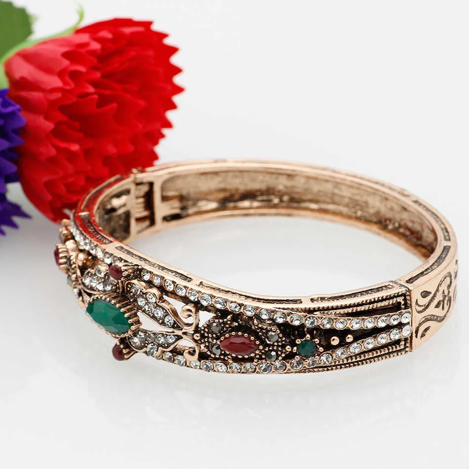 New Style Turkish Vintage Flower Bangle Cuff for Women Banquet Jewelry Antique Gold Color Resin Fine Bracelet Retro Bijoux Gift Q0719