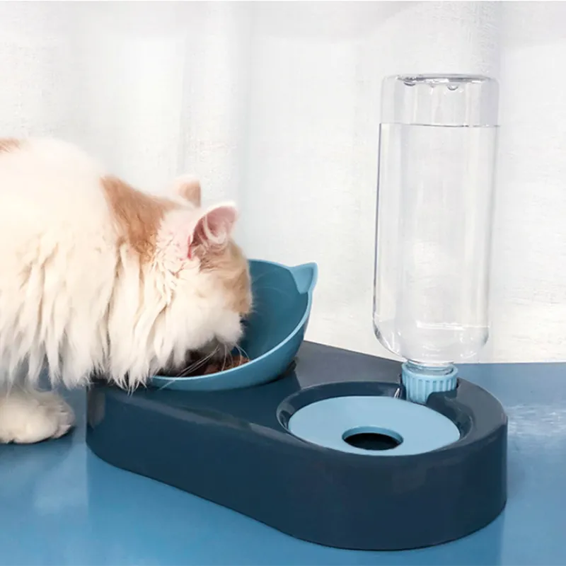 2-in-1 Kedi Kase Su Dağıtıcı Otomatik Depolama Köpek Konteyner Waterer Pet Besleyici