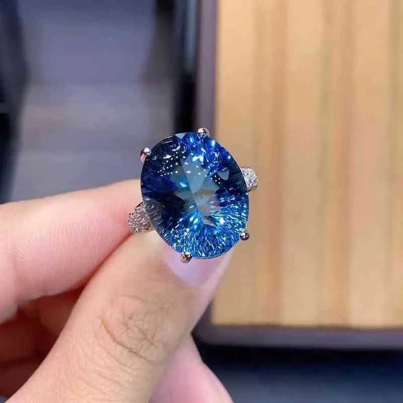 big size13*18mm Natural London Blue Topaz Gemstone Trendy Ring for Women Real 925 Sterling Silver Fine Jewelry birthstone gift 211217