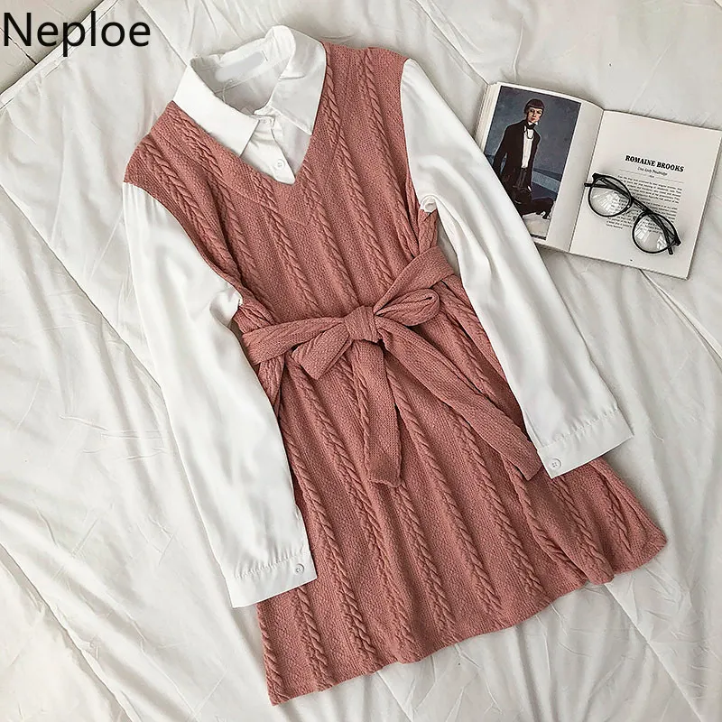 Neploe Patchwork Fake Two Woman Dress Colore a contrasto Vintage Moda coreana Abiti Lace Up Vita sottile Mini abiti Donna 4H369 210422