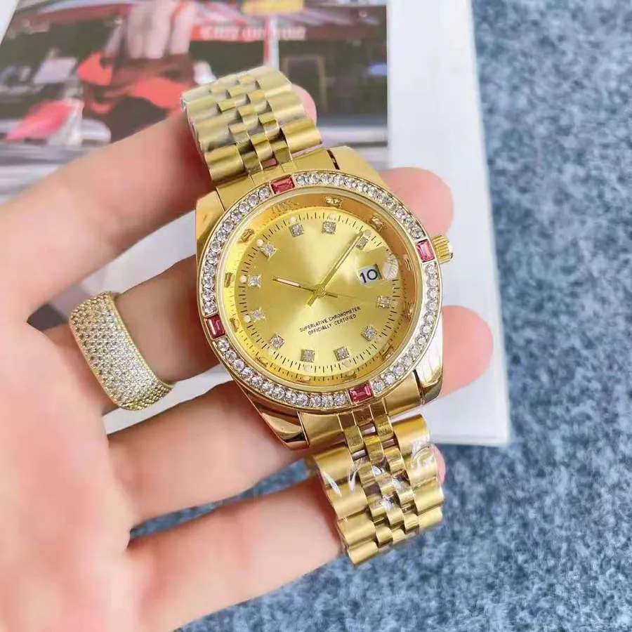 Modemerk Horloge Paar Lover's Mannen Vrouwen Dame Kleurrijke Kristallen Stijl Metalen Stalen Band Quartz Horloges R155