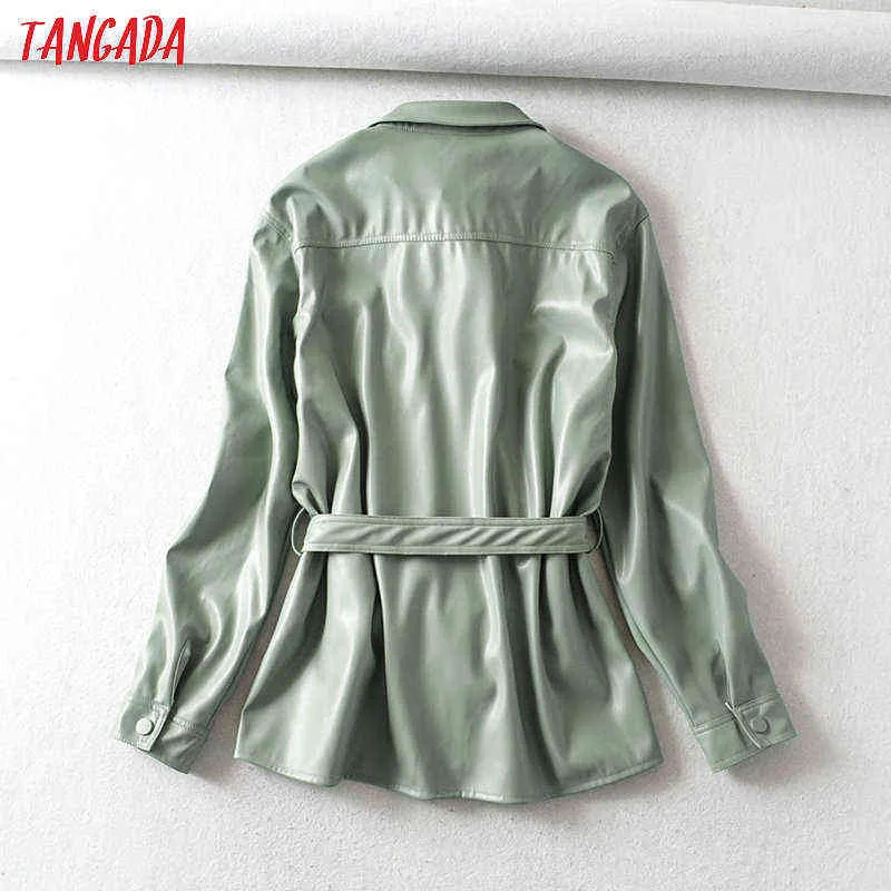 Tangada Kvinnor Ljusgrön Faux Läderjacka med Beltadies Långärmad Loose Oversize Boy Friend Coat 6A125 211112