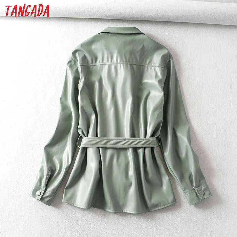 Tangada Women Light Green Faux Leather Jacket Coat with BeltLadies Long Sleeve Loose Oversize Boy Friend Coat 6A125 211112