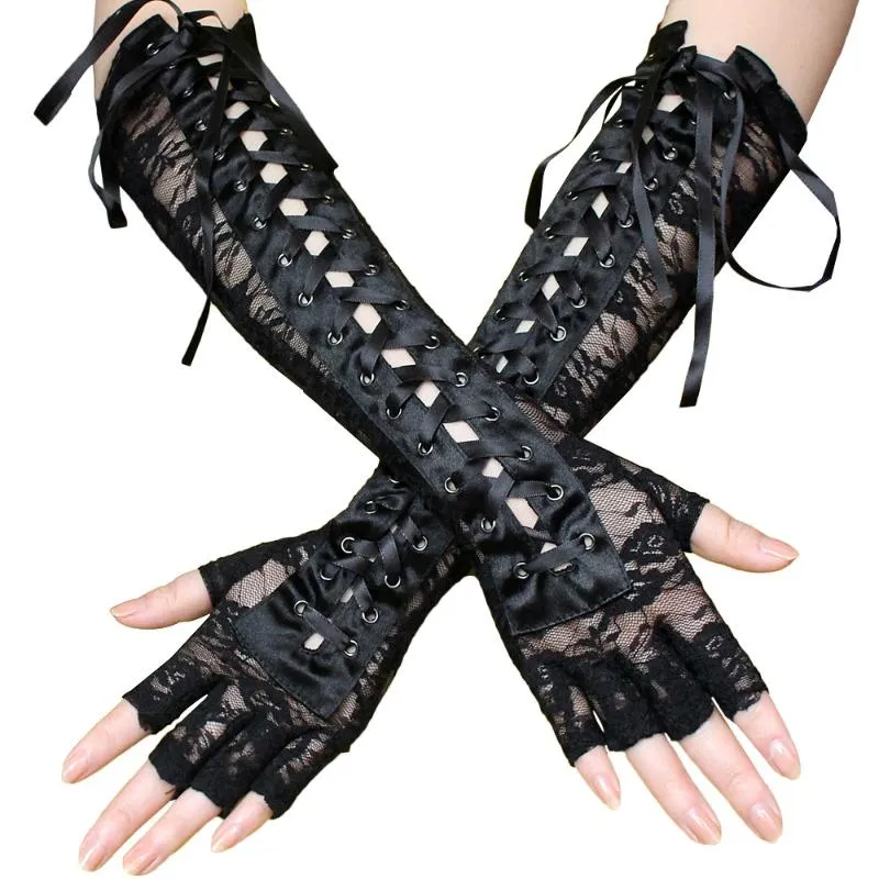 Cinco dedos luvas sexy laço longo cotovelo steampunk sem dedos para festa luvas clubwear cosplay goth acessórios327a