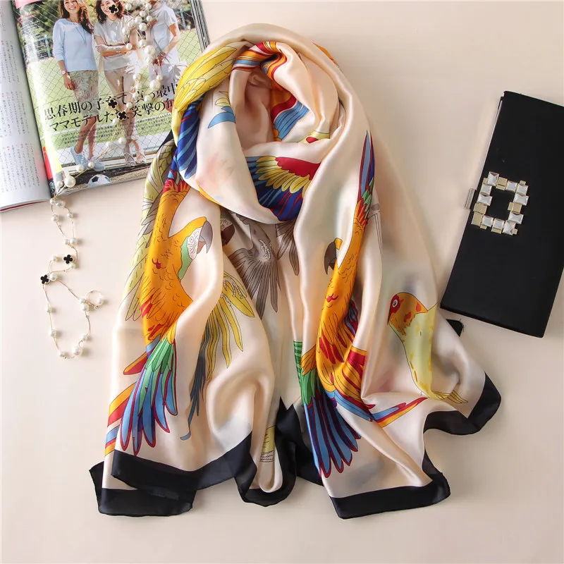 Bird Silk Silk Scarf Pashmina Женщины Роскошный Бренд Попугаи Parted Parted Shava Обертывает Мягкие Фувальсы Женские шарфы Турецкие натуральные Twill