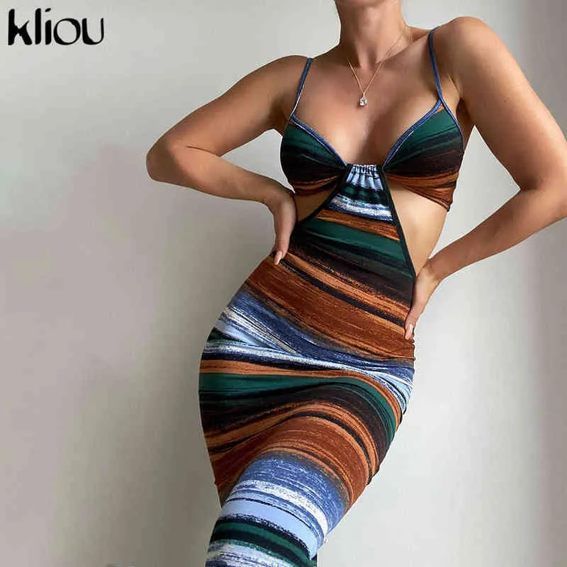 Impressão Kliou Impressão Maxi Vestido Mulheres Sexy Camis Bodyless Bodycon Vestido Hot Feminino Feminino em forma de Body Streetwear Outono Robe Y1204