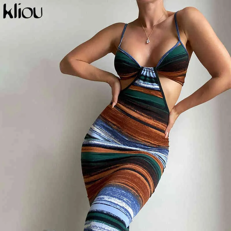 Kliou Impresjonowanie Drukuj Maxi Sukienka Kobiety Sexy Camis Backless Bodycon Vestido Hot Samica Kształtowanie Streetwear Jesień Robe Y1204