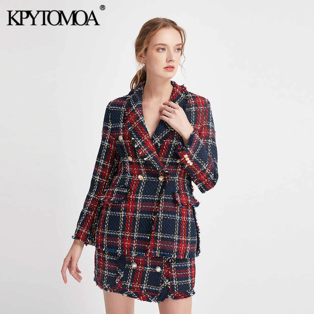 KPYTOMOA Dames Mode Double Breasted Frayed Check Tweed Blazers Jas Vintage Lange Mouw Vrouwelijke Bovenkleding Chic Tops 210930