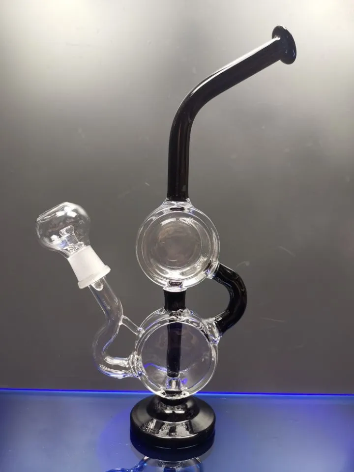 Unikt glas Bong Glass Vattenrör Percolator Glass Recycler med svart hals 14,4 mm Joint Zeusart Shop