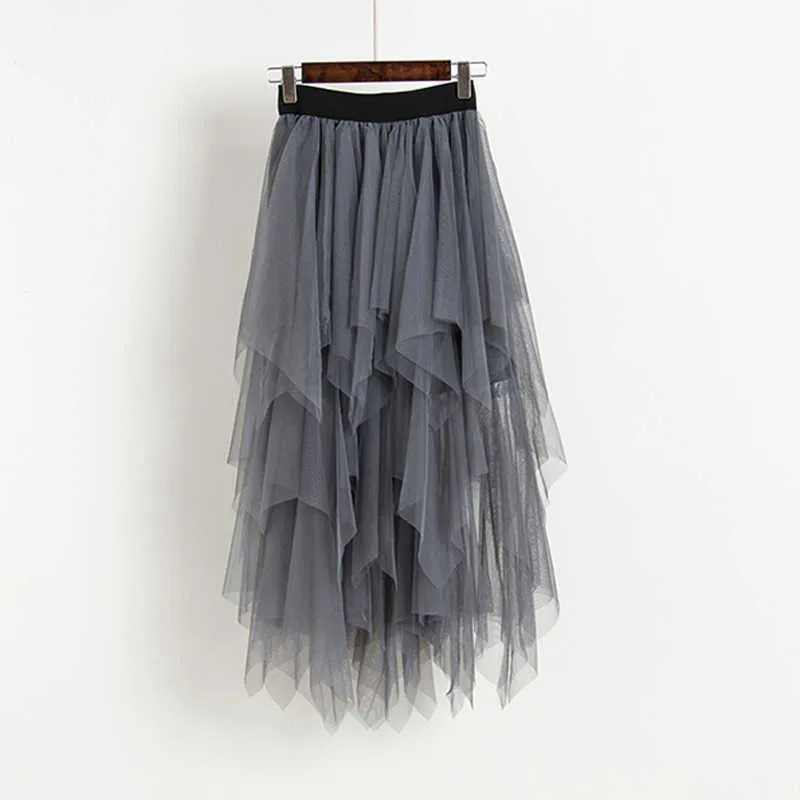 Ly varey lin tule rokken lente herfst vrouwen hoge taille mesh slanke zwarte casual zoom asymmetrische geplooide knie-lengte 210526
