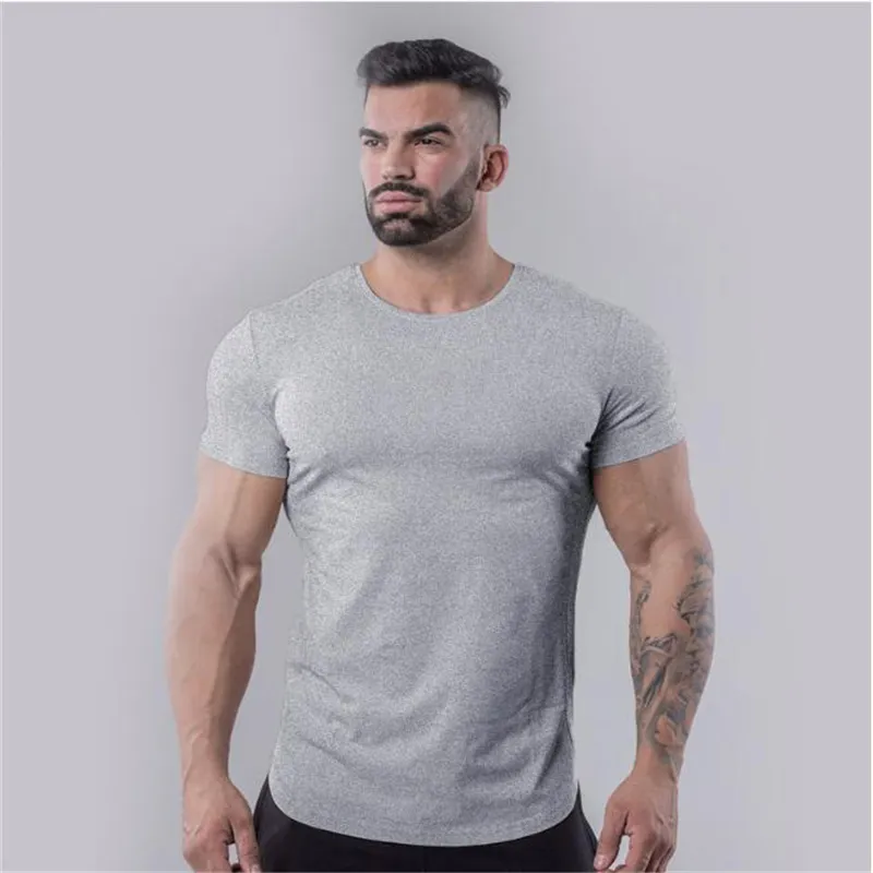 Manga curta de fitness masculino de marca t - shirts ginásios de algodão tshirt hem sólido arco hem respirável estiramento camiseta 210421
